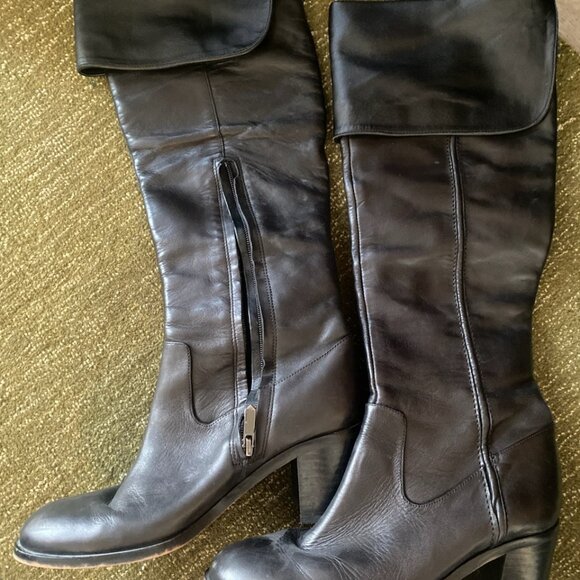 Black Heeled Leather Fold Over Boots - Picture 1 of 5